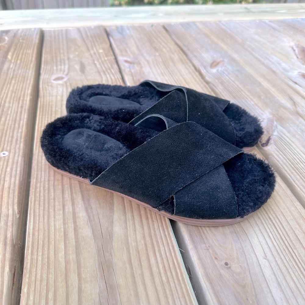 Marc Fisher LTD Canna Suede Leather Upper Sheep Skin Shearling Slip On Sandals